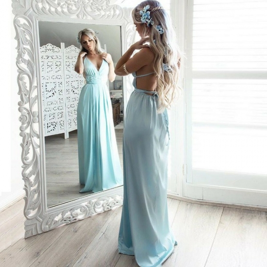 A-Line Spaghetti Straps Floor-Length Backless Mint Green Chiffon Prom Dress - Click Image to Close