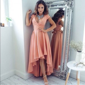 High Low V-Neck Cap Sleeves Blush Satin Prom Dress with Sash