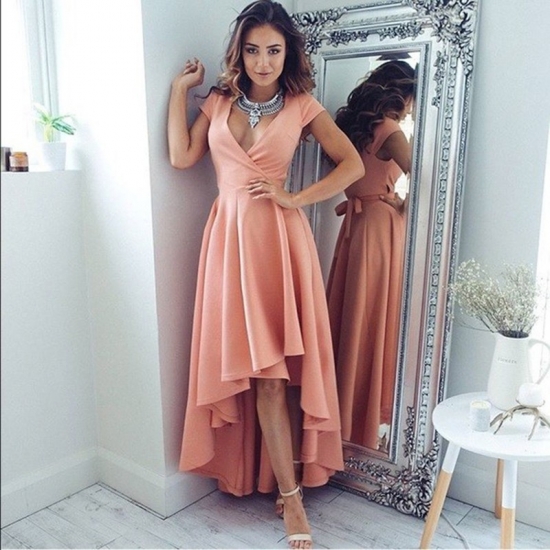 High Low V-Neck Cap Sleeves Blush Satin Prom Dress with Sash - Click Image to Close