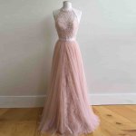 A-Line Round Neck Pearl Pink Tulle Prom Dress with Lace Beading
