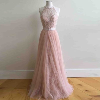 A-Line Round Neck Pearl Pink Tulle Prom Dress with Lace Beading