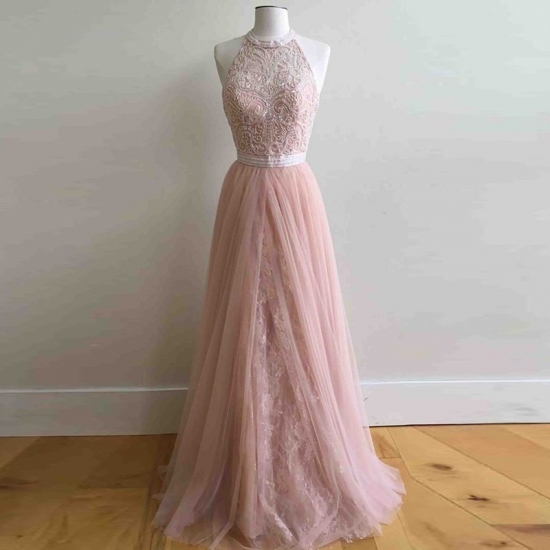A-Line Round Neck Pearl Pink Tulle Prom Dress with Lace Beading - Click Image to Close