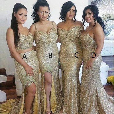 Two Piece Sheath Sweetheart Light Gold Sequined Bridesmaid Dress with Appliques