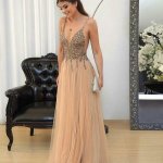 A-Line Spaghetti Straps Champagne Tulle Prom Dress with Beading