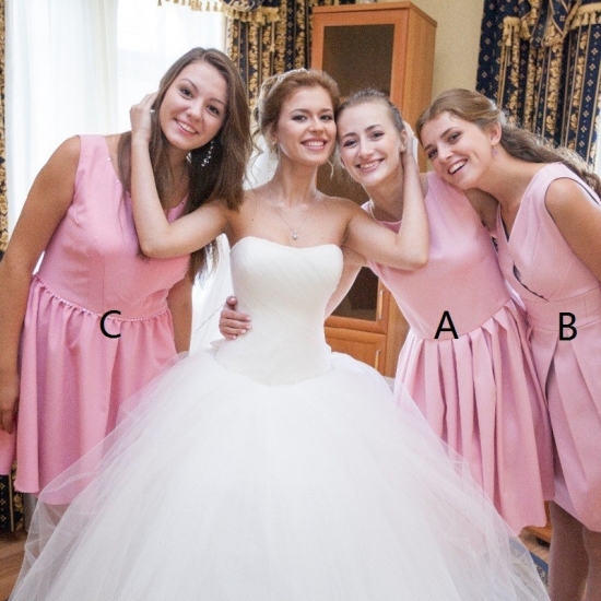 A-Line Round Neck Short Pink Pleated Satin Bridesmaid Dress - Click Image to Close