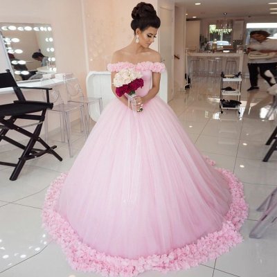 Ball Gown Off-the-Shoulder Court Train Pink Tulle Wedding Dress with Flowers