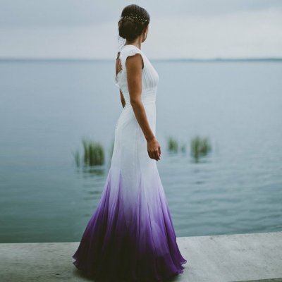 A-Line V-Neck Open Back Ombre Purple Chiffon Wedding Dress with Lace
