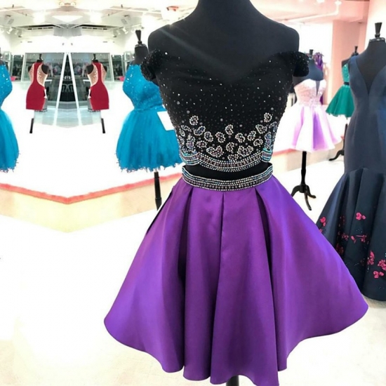 Two Piece Off-the-Shoulder Short Purple Satin Homecoming Dress with Beading - Click Image to Close