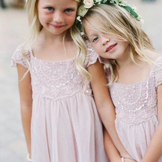 A-Line Square Neck Short Lilac Chiffon Flower Girl Dress with Lace Sequins - Click Image to Close