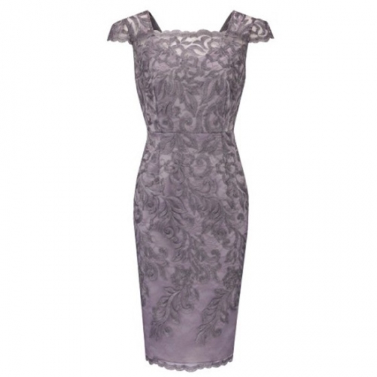 Bodycon Square Cap Sleeves Short Grey Lace Mother of The Bride Dress - Click Image to Close