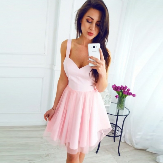 A-Line Straps Short Pink Tulle Homecoming Party Dress - Click Image to Close