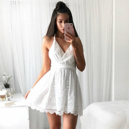 A-Line V-Neck Backless Short White Lace Homecoming Dress with Sash