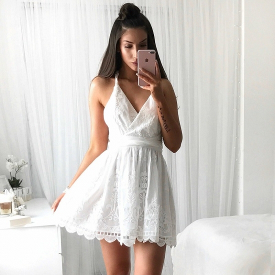 A-Line V-Neck Backless Short White Lace Homecoming Dress with Sash - Click Image to Close