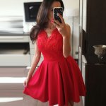 A-Line V-Neck Short Red Satin Homecoming Dress with Appliques