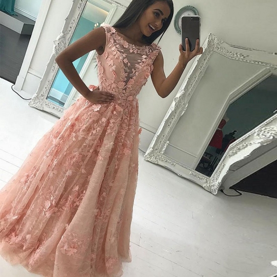 A-Line Bateau Floor-Length Pink/Ivory Lace Prom Dress with Appliques - Click Image to Close