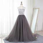 A-Line Scalloped-Edge Gray Tulle Prom Bridesmaid Dress with Lace