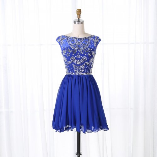 A-Line Bateau Cap Sleeves Short Royal Blue Beaded Chiffon Homecoming Dress