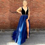 A-Line V-Neck Sweep Train Royal Blue Prom Dress with Beading