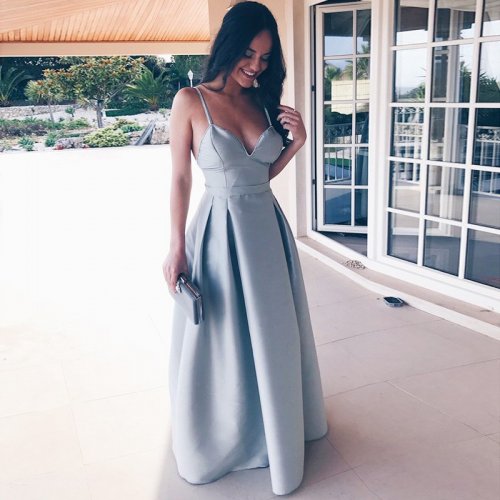 A-Line Spaghetti Straps Backless Floor-Length Blue Satin Prom Dress