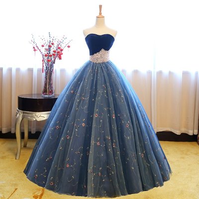 A-Line Sweetheart Floor-Length Dark Blue Prom Dress with Beading