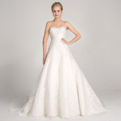 A-Line Sweetheart Court Train Wedding Dress with Appliques Beading