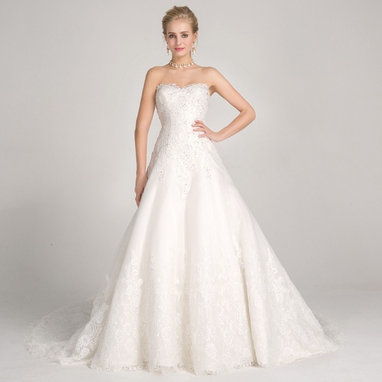 A-Line Sweetheart Court Train Wedding Dress with Appliques Beading - Click Image to Close