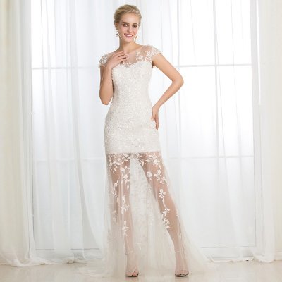 Sheath Bateau Cap Sleeves Wedding Dress with Sequins Appliques