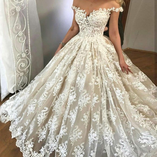 A-Line Off-the-Shoulder Sweep Train Light Champagne Wedding Dress with Appliques - Click Image to Close