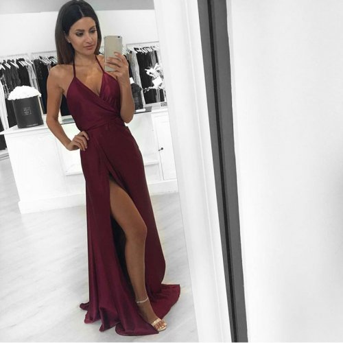 A-Line Halter Backless Sweep Train Burgundy Prom Dress with Split