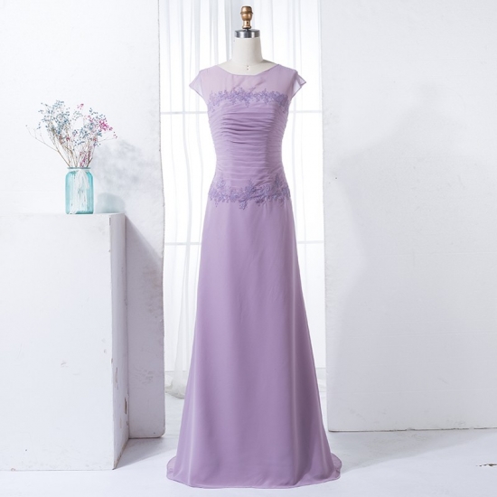Sheath Round Neck Cap Sleeves Lilac Bridesmaid Dress with Appliques - Click Image to Close