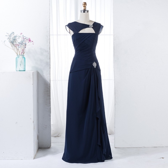 Sheath Round Neck Navy Blue Chiffon Bridesmaid Dress with Keyhole - Click Image to Close