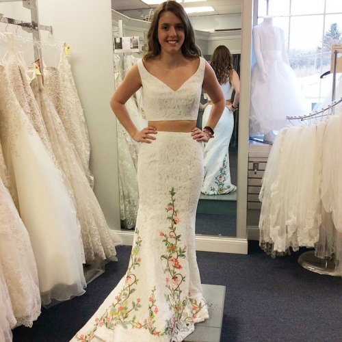 Two Piece V-Neck Sweep Train White Lace Prom Dress with Appliques