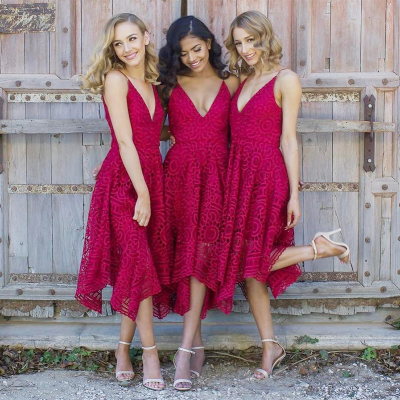 A-Line Spaghetti Straps Asymmetrical Red Lace Bridesmaid Dress