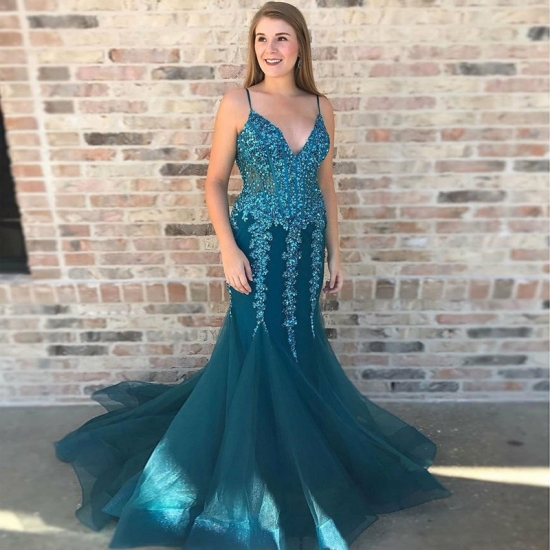 Mermaid Spaghetti Straps Turquoise Prom Dress with Appliques Sequins - Click Image to Close