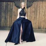 Two Piece High Neck Navy Blue Satin Prom Dress with Pockets Lace