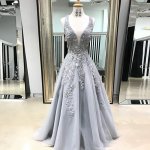 A-Line Scoop Floor-Length Grey Tulle Prom Dress with Appliques