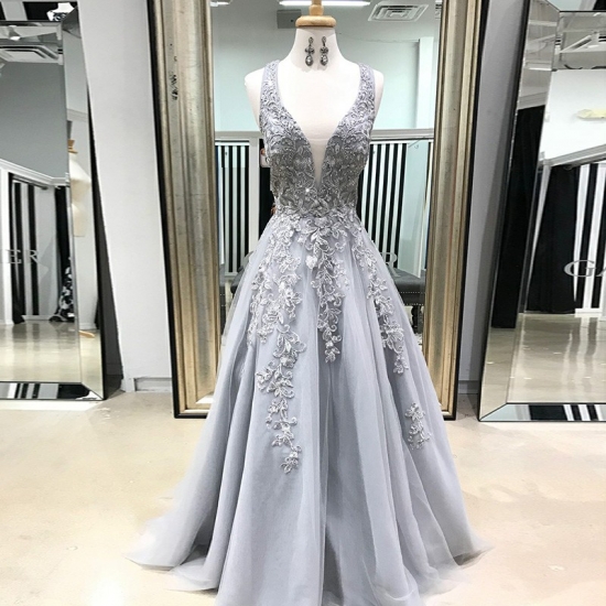 A-Line Scoop Floor-Length Grey Tulle Prom Dress with Appliques - Click Image to Close
