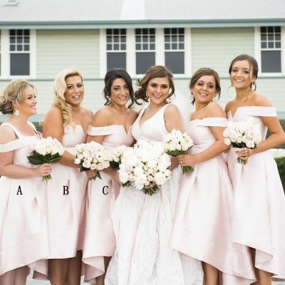 A-Line Straps Cold Shoulder High Low Pink Satin Bridesmaid Dress