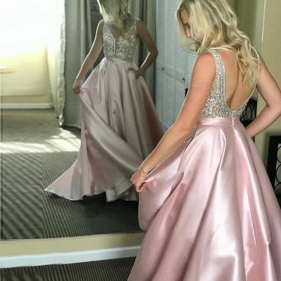 A-Line V-Neck Backless Long Pink Prom Dress with Beading Pockets