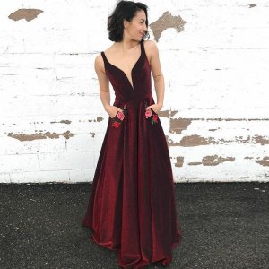 A-Line V-Neck Long Burgundy Velvet Prom Dress with Appliques Pockets