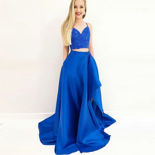 Two Piece Spaghetti Straps Royal Blue Prom Dress with Pockets