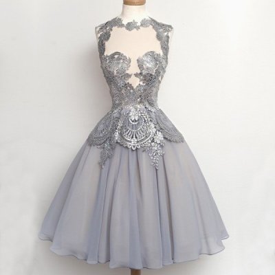 Elegant A-Line High Neck Short Chiffon Grey Homecoming/Prom Dress With Appliques