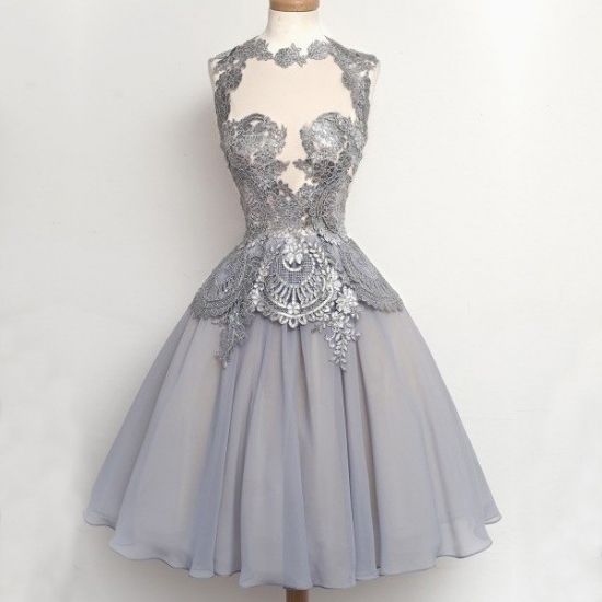 Elegant A-Line High Neck Short Chiffon Grey Homecoming/Prom Dress With Appliques - Click Image to Close