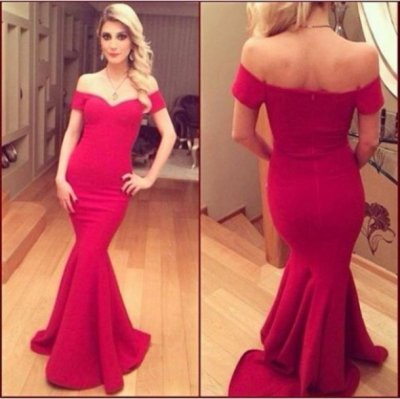 Hot Mermaid Court Train Satin Red Short Sleeves Prom Dress With Beading