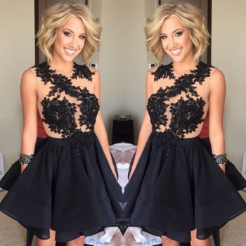 Luxurious Knee Length A-Line Scoop Black Homecoming/Cocktail Dress With Appliques