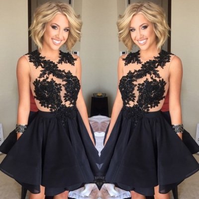 Luxurious Knee Length A-Line Scoop Black Homecoming/Cocktail Dress With Appliques