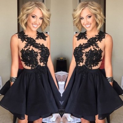 Luxurious Knee Length A-Line Scoop Black Homecoming/Cocktail Dress With Appliques