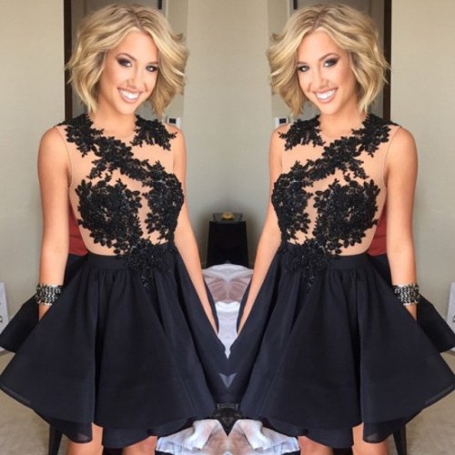 Luxurious Knee Length A-Line Scoop Black Homecoming/Cocktail Dress With Appliques