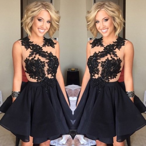 Luxurious Knee Length A-Line Scoop Black Homecoming/Cocktail Dress With Appliques