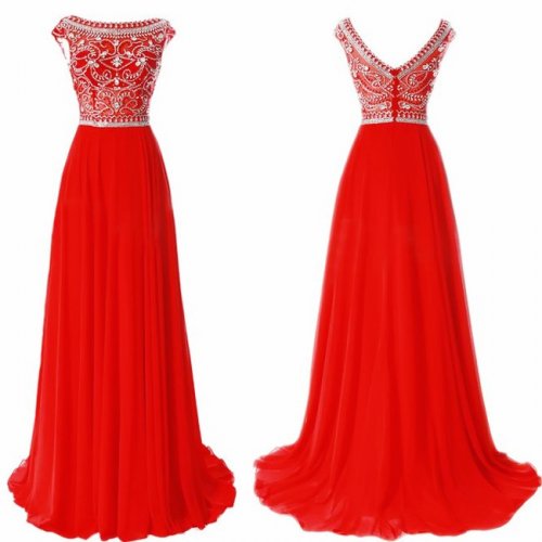 A-Line Bateau Backless Sweep Train Red Chiffon Prom Dress with Beading